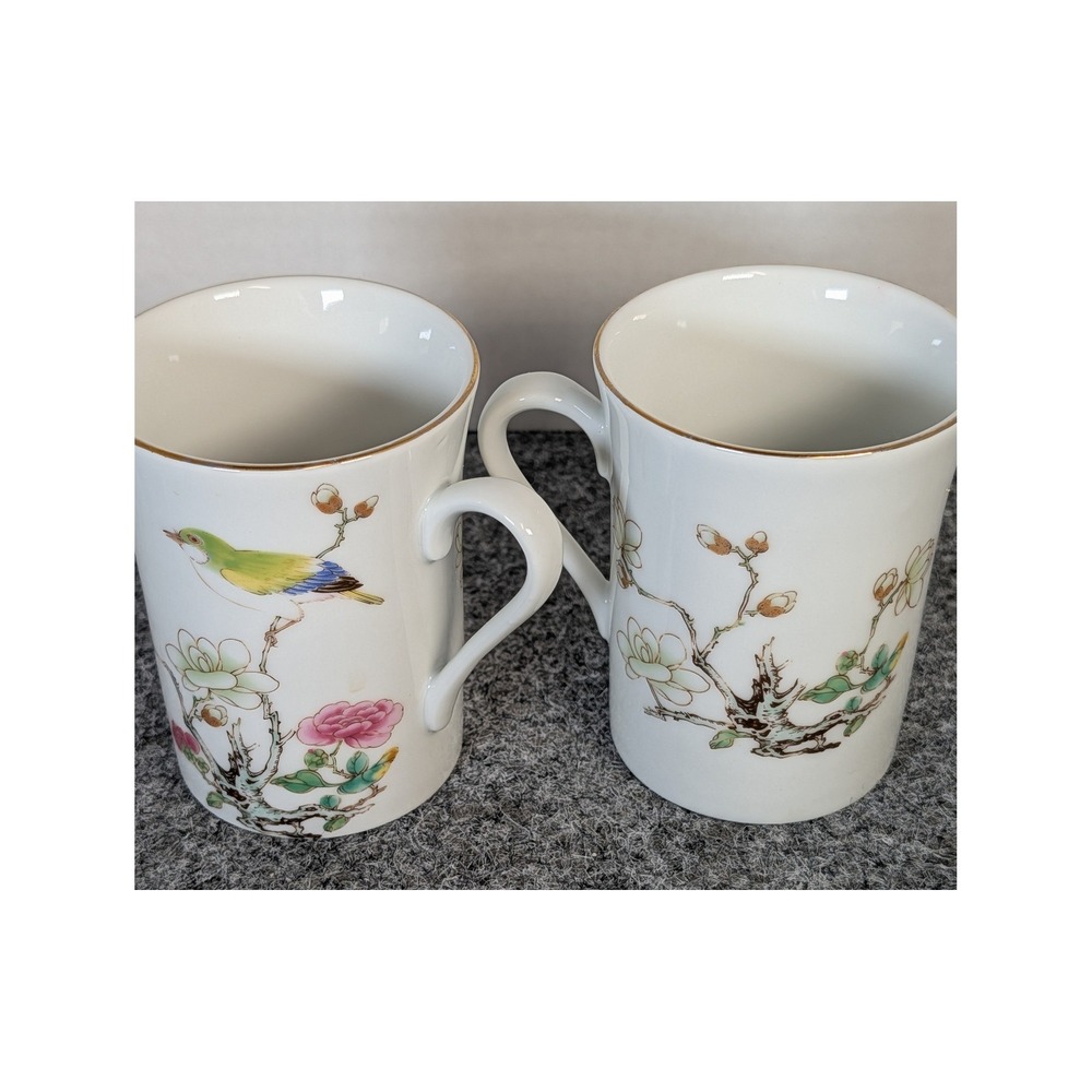 Ming Garden by Otagiri Japan Coffee Mugs Set of 2 Bird and Floral Chinoiserie